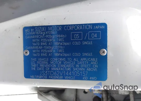 2004 Suzuki Grand Vitara Ex/Lx из США, поврежденный, VIN JS3TD62V144105157